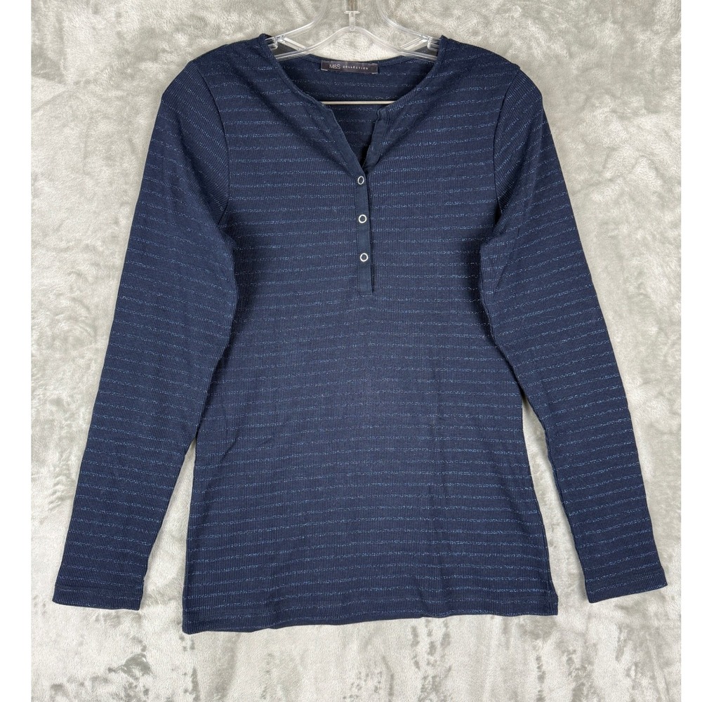 M&S Collection Womens Navy Blue Metallic Striped Henley Top Long Sleeve Size‎ 12